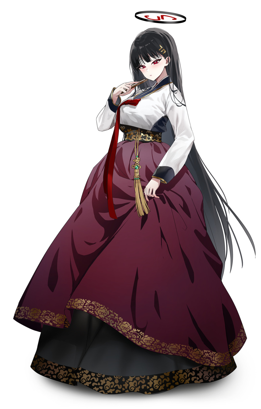1girl absurdres alternate_costume black_hair blue_archive blush breasts folding_fan full_body halo hanbok hand_fan highres holding holding_fan korean_clothes korean_commentary large_breasts layered_skirt long_hair long_skirt long_sleeves looking_at_viewer paper_fan picter red_eyes rio_(blue_archive) shirt simple_background skirt solo very_long_hair white_background white_shirt