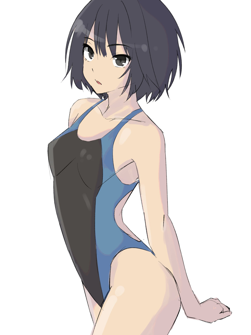 1girl absurdres amagami black_hair black_one-piece_swimsuit breasts brown_eyes commentary_request competition_swimsuit highleg highleg_swimsuit highres medium_breasts nanasaki_ai one-piece_swimsuit short_hair simple_background solo swimsuit usagii! white_background