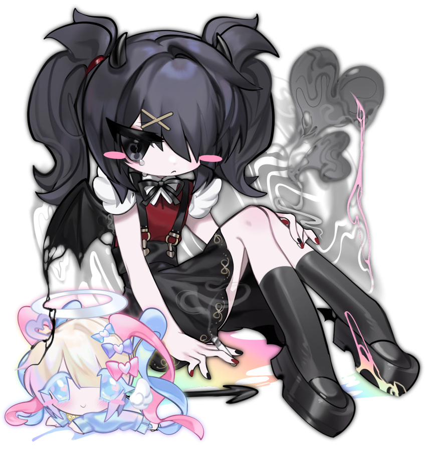 2girls ame-chan_(needy_girl_overdose) black_eyes black_footwear black_hair black_horns black_nails black_ribbon black_skirt black_socks black_wings blonde_hair blue_bow blue_eyes blue_hair blush bow chibi chouzetsusaikawa_tenshi-chan cigarette closed_mouth collar collared_shirt commentary demon_horns demon_tail demon_wings english_commentary frown full_body hair_bow hair_ornament hair_over_one_eye hair_tie hairclip halo hand_on_own_leg heart heart_hair_ornament highres holding holding_cigarette horns long_hair long_sleeves looking_at_viewer lying melting mokiette multicolored_hair multicolored_nails multiple_girls neck_ribbon needy_girl_overdose on_stomach pink_bow pink_hair purple_bow quad_tails red_nails red_shirt ribbon shirt shirt_tucked_in shoes sitting skirt smoke socks suspender_skirt suspenders tail tearing_up twintails very_long_hair white_collar wings x_hair_ornament