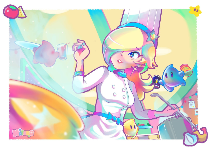 1girl artist_name blonde_hair blue_eyes broccoli can carrot chef chef_hat cooking cooking_pot cup dress drinking_glass earrings food hair_over_one_eye hat highres holding holding_can holding_cup holding_ladle holding_plate jewelry ladle long_hair looking_at_another luma_(mario) mario_kart mario_kart_tour nat0rii neon_palette official_alternate_costume parted_lips plate rosalina rosalina_(chef) star_(symbol) star_earrings super_mario_bros. tomato white_dress white_headwear
