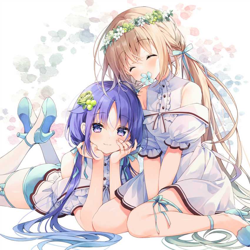 2girls ^_^ bare_shoulders blue_flower blue_footwear blush bow closed_eyes closed_mouth commentary_request dress flower flower_over_mouth frills hair_between_eyes hair_ornament head_rest head_wreath high_heels kurone_(suimya) long_hair low_twintails lying multiple_girls off_shoulder on_stomach original puffy_short_sleeves puffy_sleeves purple_hair shirahana_(suimya) shirt shoe_soles shoes short_shorts short_sleeves shorts sitting sleeveless smile suimya thigh-highs twintails very_long_hair violet_eyes wariza white_dress white_flower white_shirt white_thighhighs