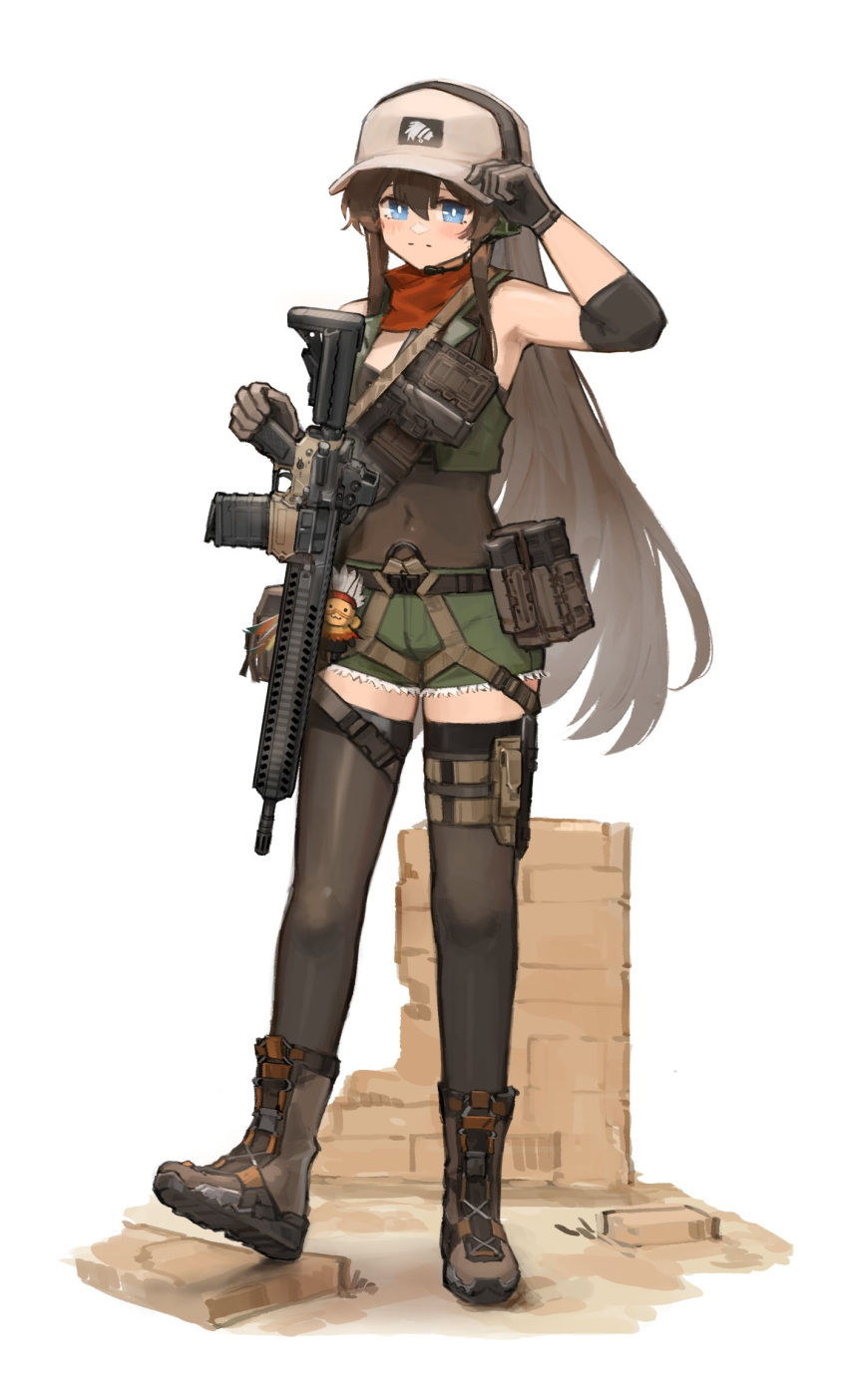 ammunition_pouch armpits assault_rifle black_thighhighs blue_eyes blush breasts brown_footwear brown_hair cm901 cm901_(girls'_frontline) covered_navel ear_protection elbow_sleeve girls_frontline gloves green_shorts gun gun_sling hair_between_eyes hand_on_headwear hand_on_weapon hand_up hat highres long_hair looking_at_viewer magazine_(weapon) microphone neck_warmer optical_sight pouch rifle shorts small_breasts thigh-highs weapon xerbatt