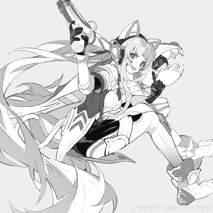 1girl :d absurdres animal_ears artist_name blunt_bangs eteru facial_mark fake_animal_ears fang full_body gloves grey_background greyscale gun hair_between_eyes headphones highres holding holding_gun holding_weapon jinx_(league_of_legends) league_of_legends long_hair looking_at_viewer monochrome official_alternate_costume official_alternate_hairstyle open_mouth prestige_battle_cat_jinx sidelocks simple_background sitting smile solo v-shaped_eyebrows very_long_hair weapon whisker_markings