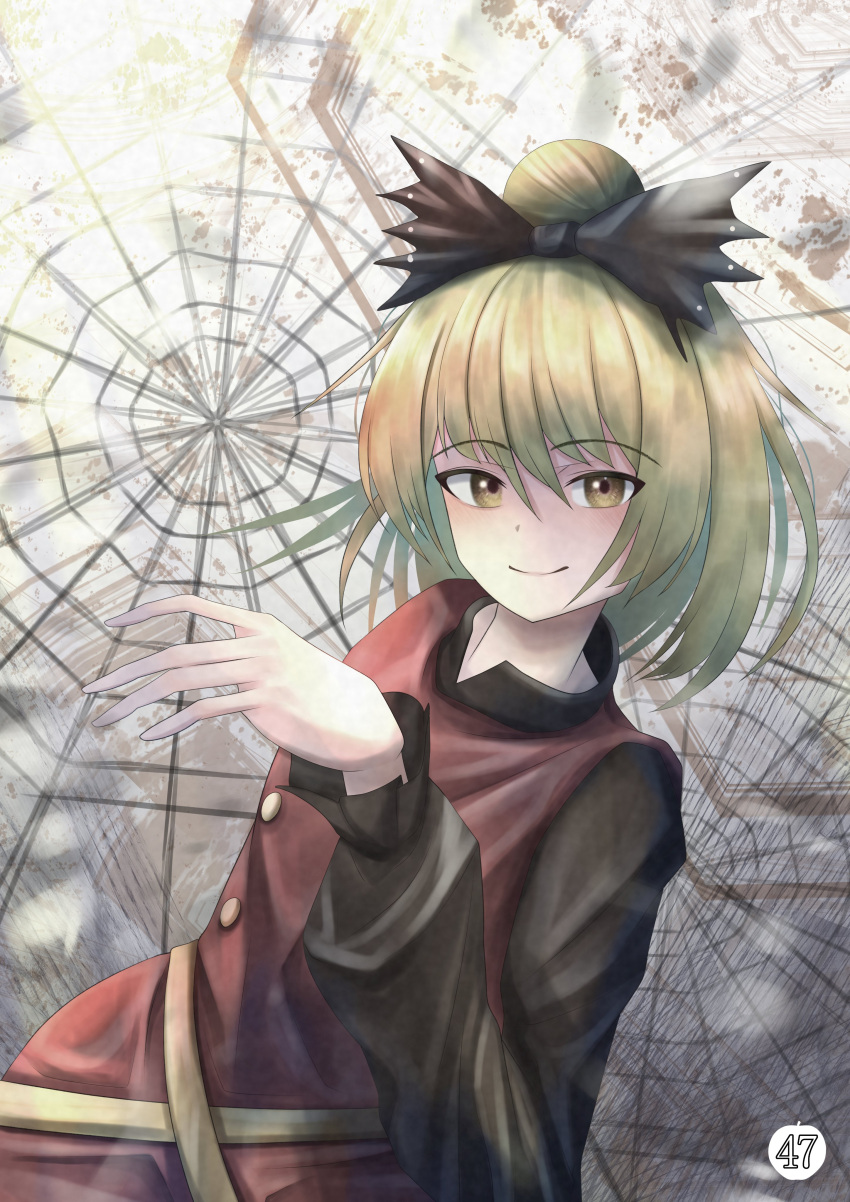 1girl absurdres black_bow blonde_hair bow brown_dress closed_mouth commentary dress hair_bow highres kurodani_yamame long_sleeves looking_at_viewer short_hair smile solo spider_web_background tofuandsoup touhou yellow_eyes