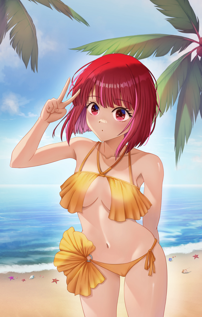 1girl absurdres arima_kana bare_arms bare_legs bare_shoulders beach bob_cut closed_mouth highres inverted_bob looking_at_viewer navel one-piece_swimsuit oshi_no_ko red_eyes redhead sand short_hair solo swimsuit user_hzyc7324 v yellow_one-piece_swimsuit