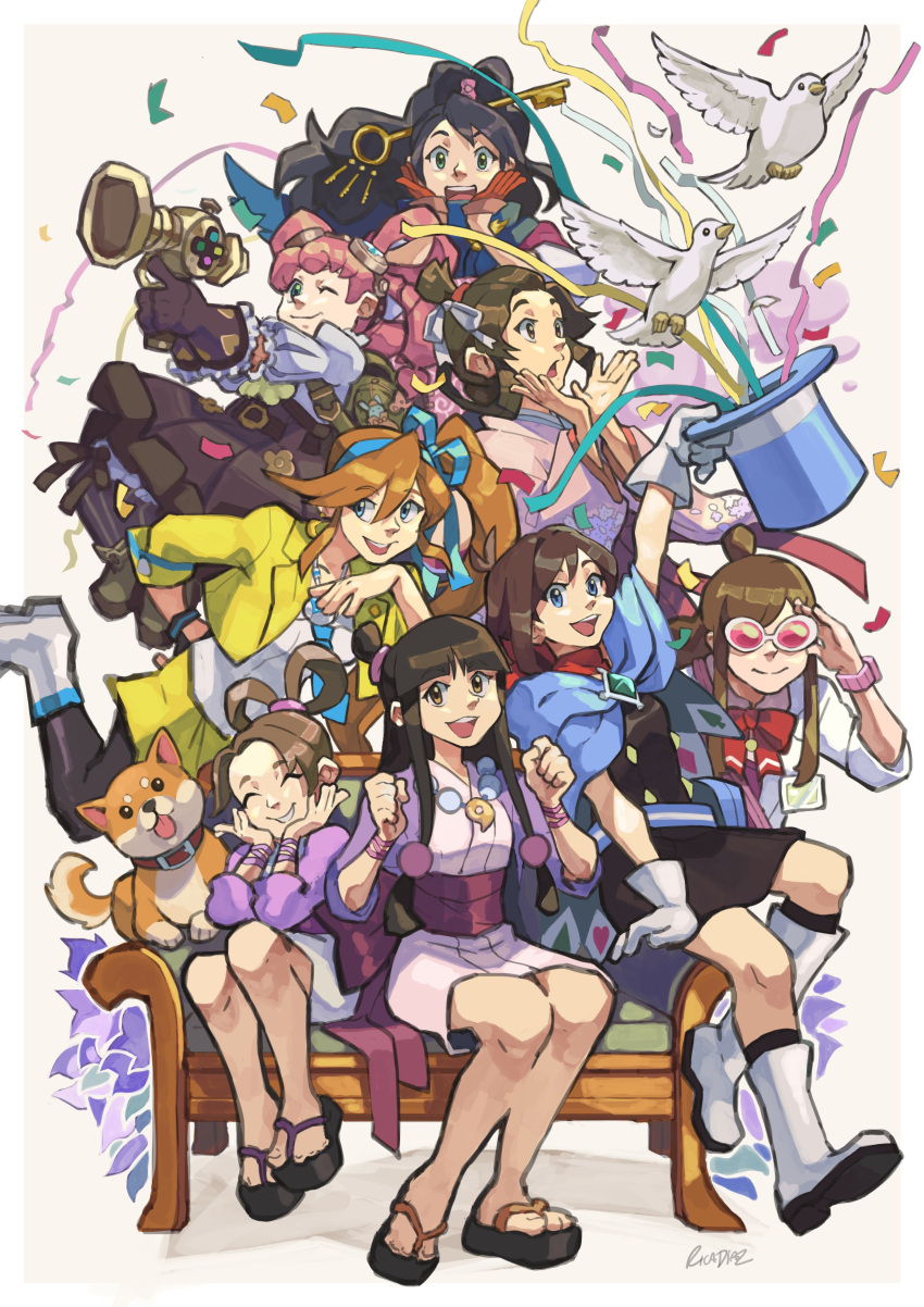 6+girls :d :p absurdres ace_attorney antenna_hair arm_at_side athena_cykes bead_necklace beads belt_pouch bird black_dress black_footwear black_gloves black_hair black_pantyhose black_skirt blue_cape blue_eyes blue_necktie blue_ribbon blue_scarf blunt_bangs boots border bow bowtie brown_eyes brown_hair buttons cape clenched_hands closed_eyes closed_mouth coat collared_shirt couch crescent crescent_earrings cropped_jacket dress earrings ema_skye floral_print frilled_gloves frilled_sleeves frills from_hat_trick gem geta gloves goggles goggles_on_head green_eyes green_gemstone grin hair_ribbon hair_rings hands_on_own_chin hands_up happi hat highres holding holding_clothes holding_hat iris_wilson jacket japanese_clothes jewelry juliet_sleeves kay_faraday key_hair_ornament kimono lapel_pin lapels leg_up long_hair long_sleeves looking_at_viewer low_tied_sidelocks magatama magatama_necklace maya_fey missile_(ace_attorney) multiple_girls name_tag necklace necktie one_eye_closed open_mouth orange_hair outside_border pantyhose parted_bangs pearl_fey pink-tinted_eyewear pink_hair pink_kimono pink_shirt ponytail pouch print_kimono puffy_sleeves purple_jacket purple_ribbon purple_sash red_bow red_bowtie red_gloves red_scarf ribbon rica_diaz sash scarf shirt short_dress short_kimono side_ponytail sidelocks signature sitting skirt sleeves_past_elbows sleeves_rolled_up smile standing striped striped_pantyhose surprised susato_mikotoba swept_bangs tinted_eyewear tongue tongue_out topknot trucy_wright vertical-striped_pantyhose vertical_stripes very_long_hair watch watch white-framed_eyewear white_bird white_border white_coat white_footwear white_gloves white_kimono white_ribbon white_shirt wide_ponytail wrist_ribbon yellow_jacket yellow_skirt