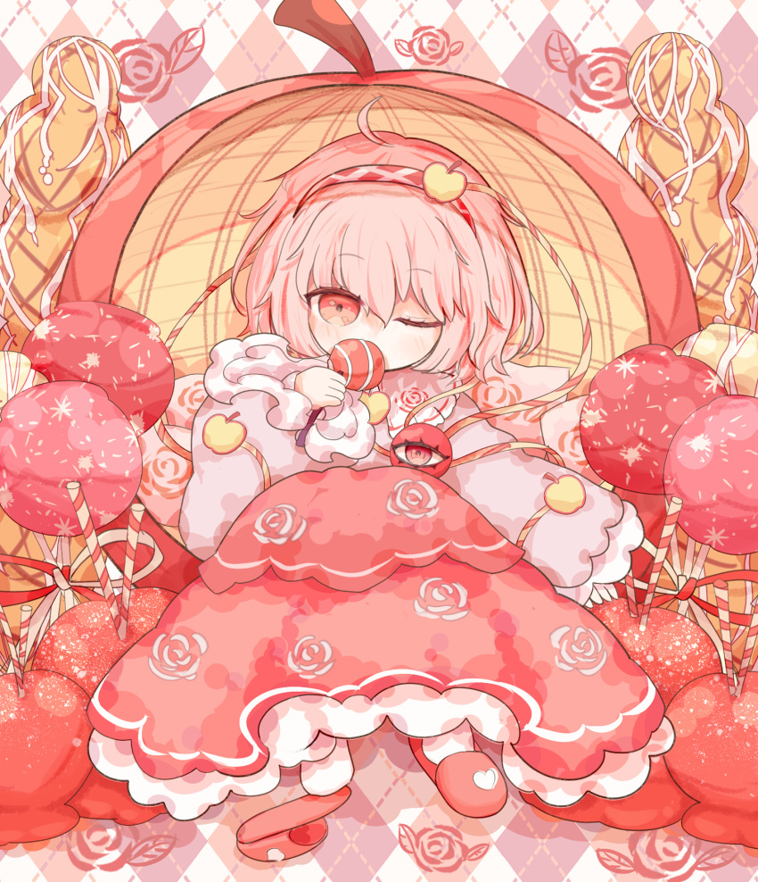 1girl ahoge apple_hair_ornament blouse blue_shirt blush candy_apple commentary eating floral_print food food-themed_hair_ornament frilled_sleeves frills full_body hair_between_eyes hair_ornament hairband highres holding holding_food komeiji_satori long_sleeves looking_at_viewer one_eye_closed pink_footwear pink_hair pink_skirt red_eyes red_hairband ro.ro rose_print shirt short_hair skirt sleeves_past_wrists slippers socks solo third_eye touhou white_socks