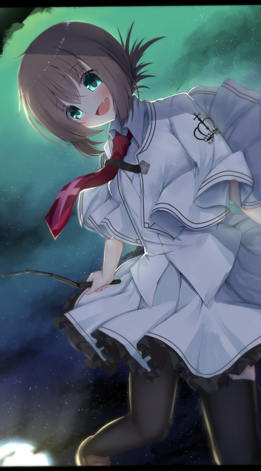 1girl :d absurdres aqua_eyes black_thighhighs blush brown_footwear brown_hair capelet cowboy_shot cross_print crown_print eyelashes eyes_visible_through_hair fang floating_clothes folded_ponytail frilled_skirt frills full_moon hair_between_eyes highres holding holding_whip loafers looking_at_viewer medium_hair miniskirt moon moonlight necktie night nodoameyatou open_mouth outdoors pleated_skirt red_necktie school_uniform shirt shoes skin_fang skirt sky smile solo standing star_(sky) starry_sky subarashiki_hibi tachibana_kimika thigh-highs upside-down white_capelet white_shirt zettai_ryouiki