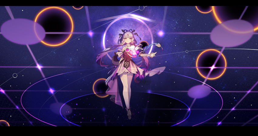1girl absurdres bare_shoulders black_sun bow-shaped_hair constellation constellation_print detached_sleeves dress forehead_jewel fu_xuan_(honkai:_star_rail) hair_ornament hair_rings hair_stick highres honkai:_star_rail honkai_(series) leggings long_hair looking_at_viewer low_twintails miniskirt pantyhose parted_bangs pink_hair pink_tassel qixia skirt solo sun tassel tassel_hair_ornament twintails very_long_hair white_leggings white_pantyhose white_skirt yellow_eyes
