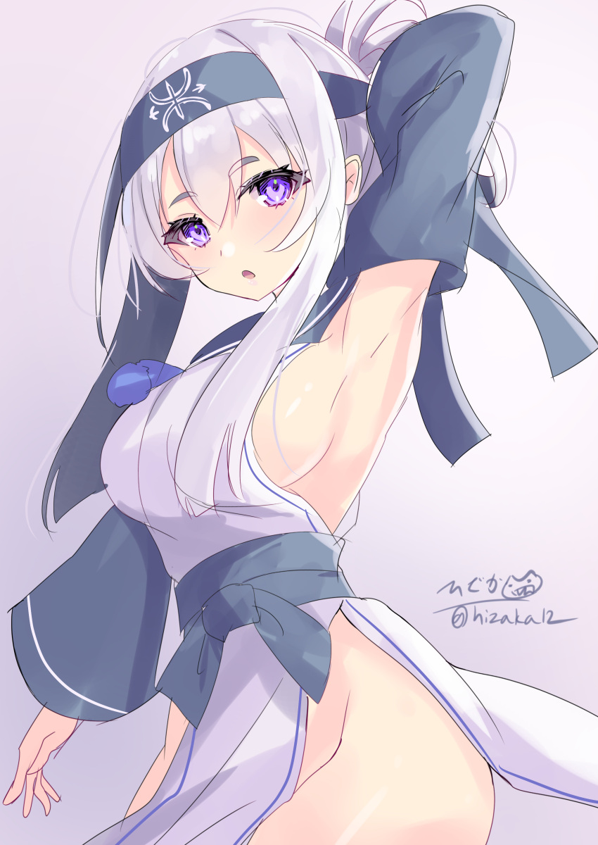 1girl absurdres ainu_clothes blue_eyes breasts folded_ponytail highres hizaka kamoi_(kancolle) kantai_collection looking_at_viewer one-hour_drawing_challenge open_mouth sideboob simple_background solo thick_eyebrows twitter_username white_hair wrist_guards