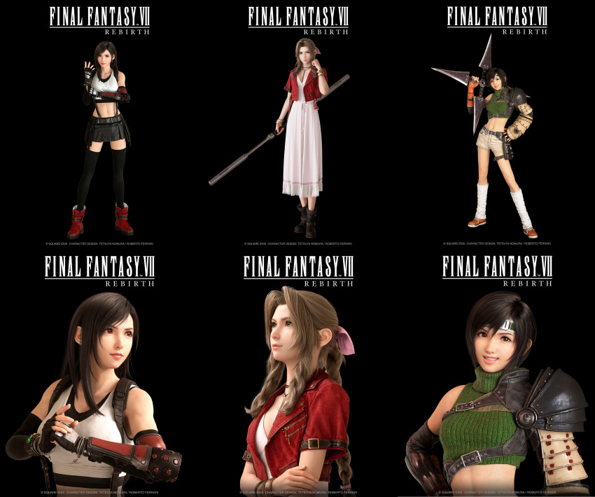 3d absurdres aerith_gainsborough black_footwear black_hair black_skirt black_thighhighs breasts brown_eyes final_fantasy final_fantasy_vii final_fantasy_vii_remake fingerless_gloves full_body gloves green_eyes highres holding holding_staff holding_weapon huge_weapon large_breasts logo long_hair official_art open_mouth red_footwear short_hair short_shorts shorts shuriken skirt smile staff suspender_skirt suspenders tank_top thigh-highs tifa_lockhart upper_body weapon yuffie_kisaragi