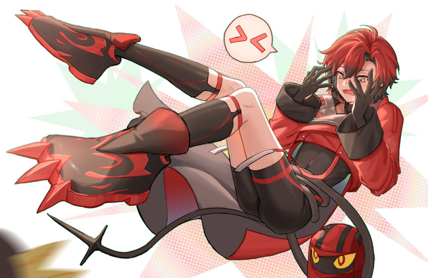 &gt;_&lt; 1boy androgynous ass axelotl_(axel_syrios) black_gloves black_hair black_socks blush bodysuit clawed_boots covering_face cropped_jacket embarrassed foreshortening full_body gloves holostars holostars_english kneehighs legs_up lifted_by_another machina_x_flayon male_focus mascot motion_blur open_mouth otoko_no_ko redhead short_hair simple_background skin_tight socks solo_focus speech_bubble tail tearing_up virtual_youtuber wuji_g