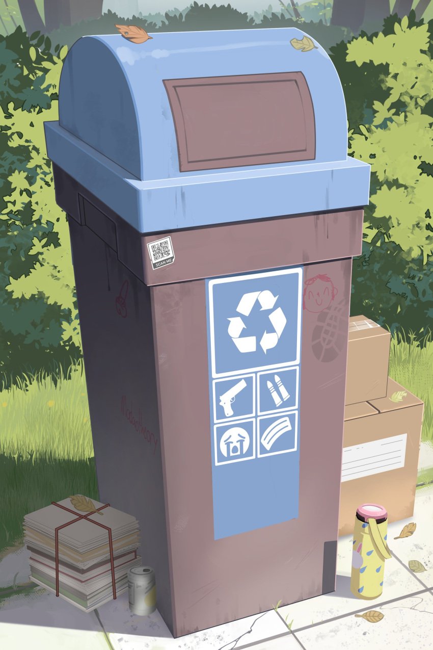 absurdres arona's_sensei_doodle_(blue_archive) arrow_(symbol) blue_archive bush can carton day emoji grass gun_print highres leaf madaotheory no_humans outdoors package paper qr_code recycle_bin recycling_symbol sensei_(blue_archive) trash_can