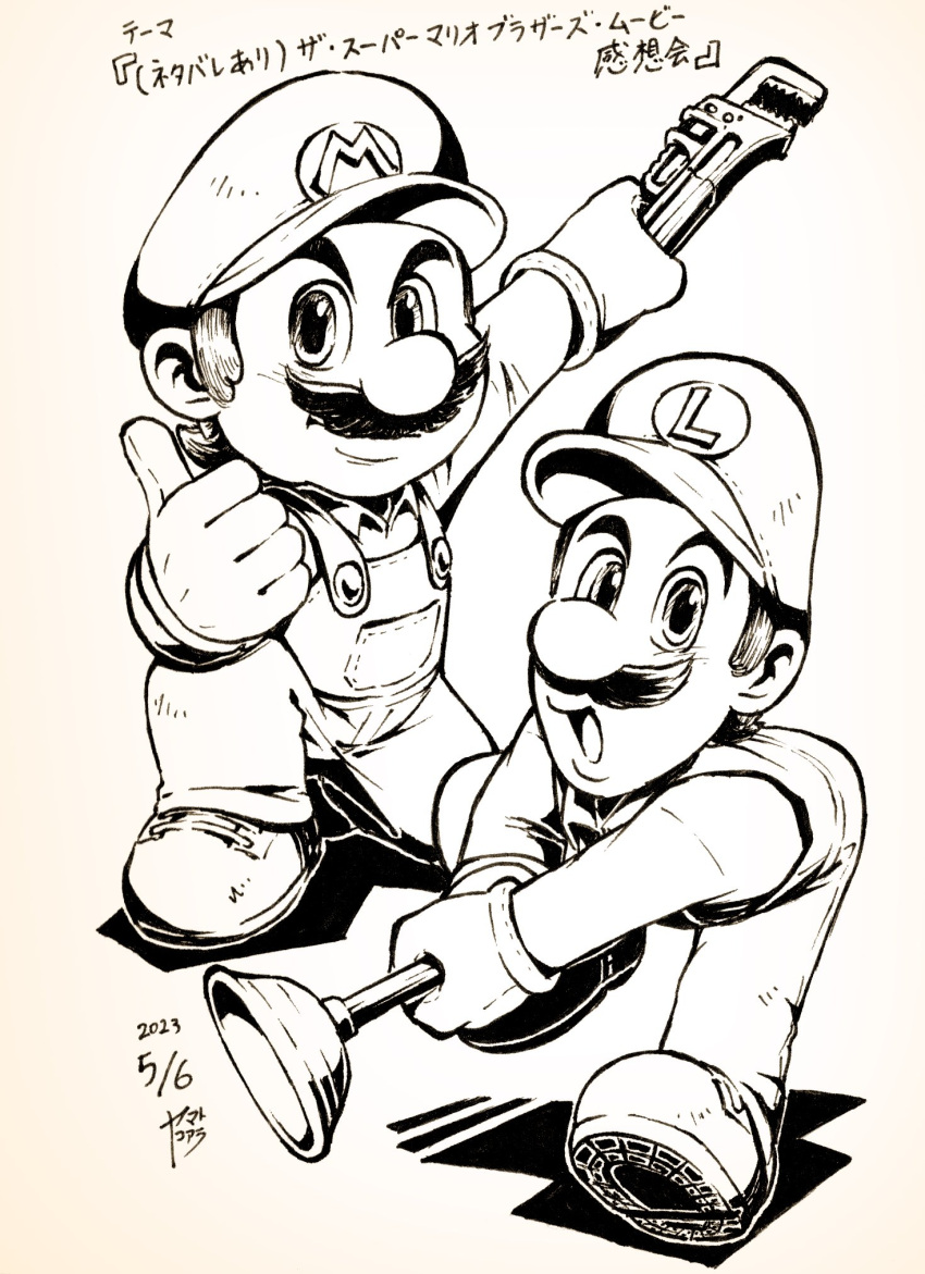 2boys arm_on_knee big_nose brothers cabbie_hat chin closed_mouth collared_shirt commentary_request dated facial_hair gloves greyscale hat highres holding holding_plunger holding_wrench ink_(medium) leaning_forward leg_up long_sleeves looking_at_viewer luigi male_focus mario monochrome multiple_boys mustache on_one_knee open_mouth outstretched_arm overalls pocket ribbon-trimmed_gloves ribbon_trim shadow shirt shoes short_hair siblings signature smile sneakers super_mario_bros. the_super_mario_bros._movie thick_eyebrows thumbs_up traditional_media translation_request wrench yamato_koara