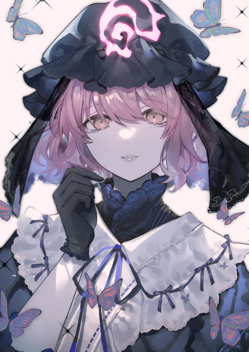 1girl absurdres adapted_costume black_gloves black_headwear blue_butterfly blue_dress bug butterfly daimaou_ruaeru dress expressionless gloves highres looking_at_viewer pink_eyes pink_hair saigyouji_yuyuko short_sleeves simple_background solo touhou