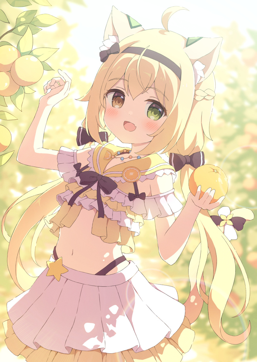 1girl ahoge animal_ear_fluff animal_ears black_bow blonde_hair blurry blush bow braid collar commission cowboy_shot depth_of_field fang flower food frills fruit green_eyes hair_bow hair_ornament heterochromia highres holding holding_food holding_fruit jewelry long_hair looking_at_viewer navel necklace open_mouth orange_(fruit) original outdoors red_eyes sidelighting sidelocks skeb_commission skirt solo star_(symbol) star_ornament tail tail_bow tail_flower tail_ornament twintails tyakomes