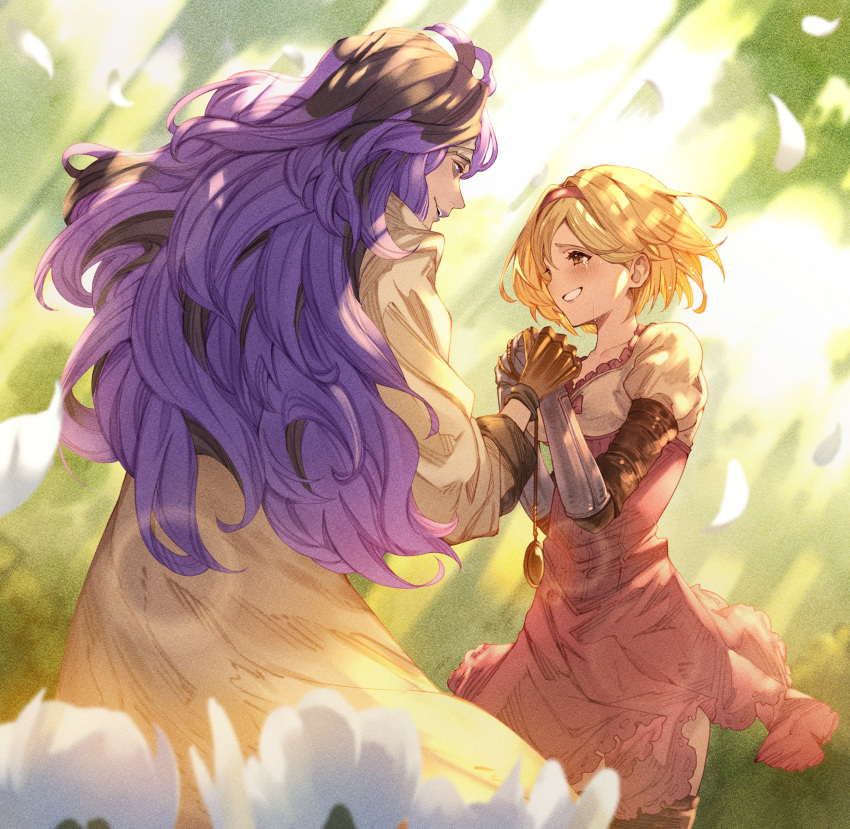 1boy 1girl ayacho black_hair blonde_hair breasts brown_eyes brown_gloves coat cowboy_shot crying crying_with_eyes_open dappled_sunlight djeeta_(granblue_fantasy) eye_contact flower gauntlets gloves granblue_fantasy grin hairband high-waist_skirt highres holding_hands jewelry lens_flare locket long_hair long_sleeves looking_at_another looking_at_viewer multicolored_hair open_mouth orologia_(male) own_hands_together pendant petals pink_skirt purple_hair shirt short_hair skirt small_breasts smile standing sunlight tears two-tone_hair violet_eyes white_coat white_shirt