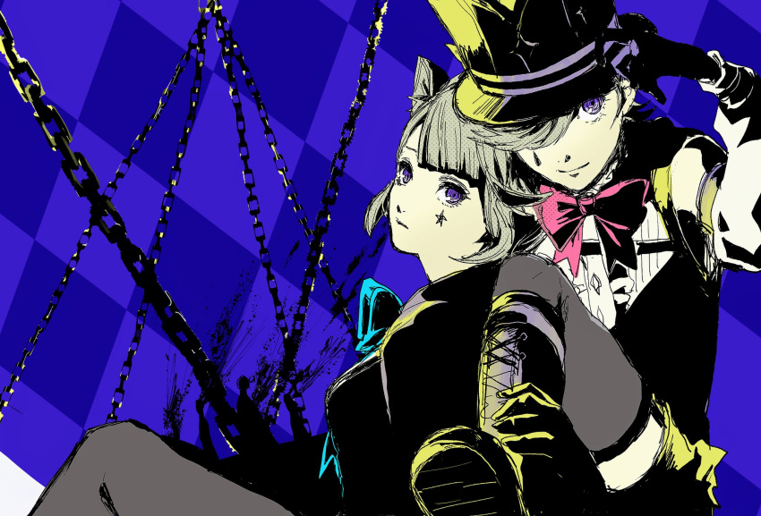 1boy 1girl animal_ears black_footwear black_headwear boots bow bowtie breasts brother_and_sister chain closed_mouth detached_sleeves facial_mark genshin_impact gloves grey_pantyhose grey_thighhighs hair_over_one_eye hand_on_headwear hat highres lynette_(genshin_impact) lyney_(genshin_impact) medium_breasts pantyhose parody persona persona_5 senr1_saku siblings star_(symbol) star_facial_mark style_parody teardrop_facial_mark thigh-highs top_hat violet_eyes