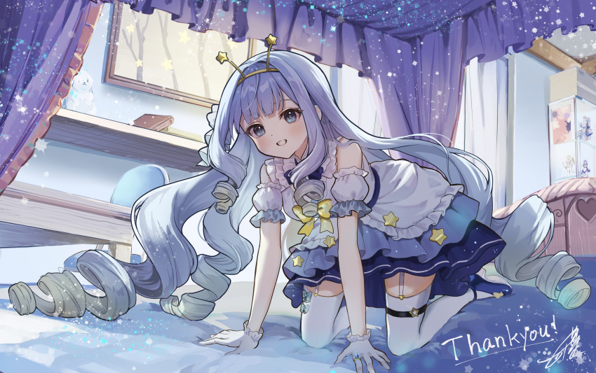 1girl absurdres all_fours antennae bed bedroom blue_eyes blue_footwear blue_hair canopy_bed commission commissioner_upload curtains dress drill_hair english_text frilled_dress frills garter_straps gloves grin hairband high_heels highres inaba_0717 jelly_hoshiumi jewelry long_hair on_bed pantyhose phase_connect ribbon ring signature skeb_commission smile solo star_(symbol) thank_you thigh-highs very_long_hair virtual_youtuber white_gloves white_thighhighs yellow_ribbon