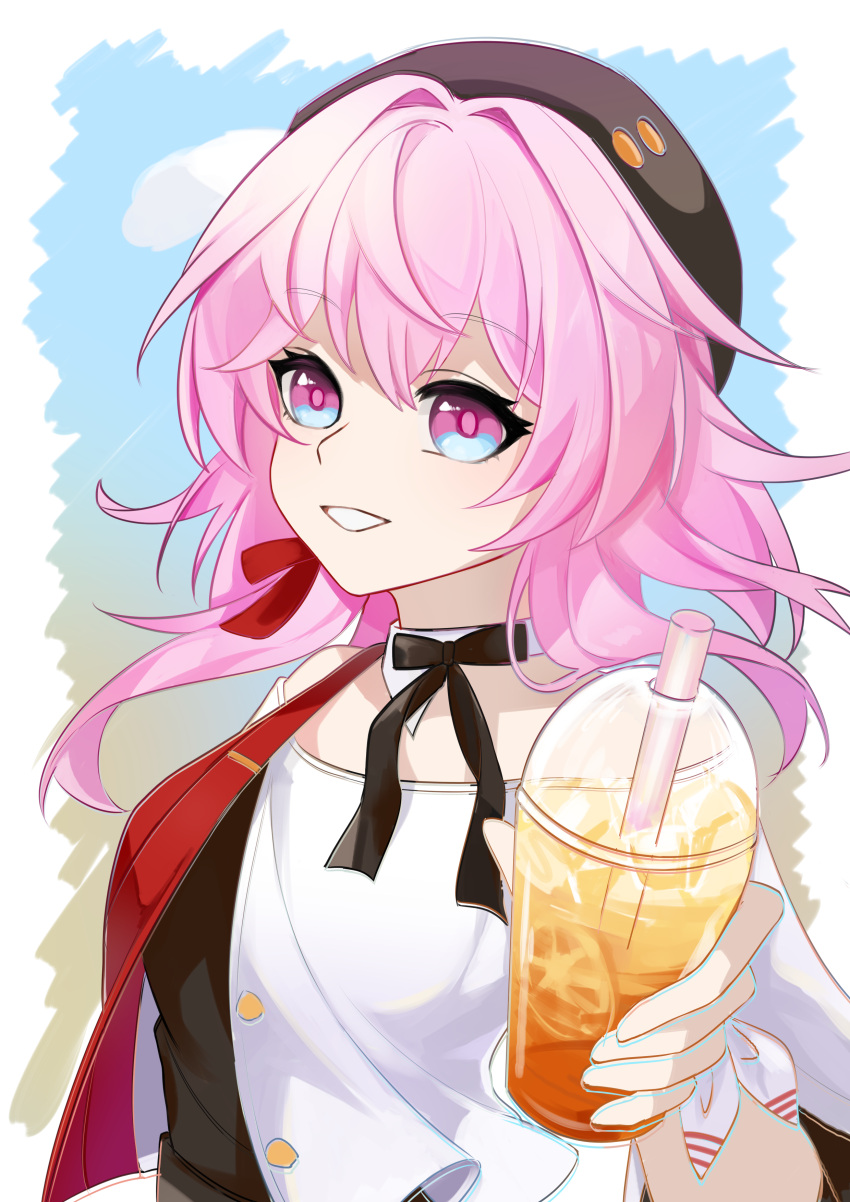 1girl absurdres bare_shoulders beret black_headwear black_shirt blue_eyes border check_commentary chinese_commentary commentary_request cup detached_collar disposable_cup drink drinking_straw earrings gradient_background grin hand_up hat highres holding holding_drink honkai:_star_rail honkai_(series) jewelry layered_clothes march_7th_(honkai:_star_rail) march_7th_(kfc)_(honkai:_star_rail) medium_hair muyuqianyan open_mouth outside_border pink_eyes pink_hair ribbon shirt single_earring smile solo teeth two-tone_eyes upper_body white_border wrist_ribbon