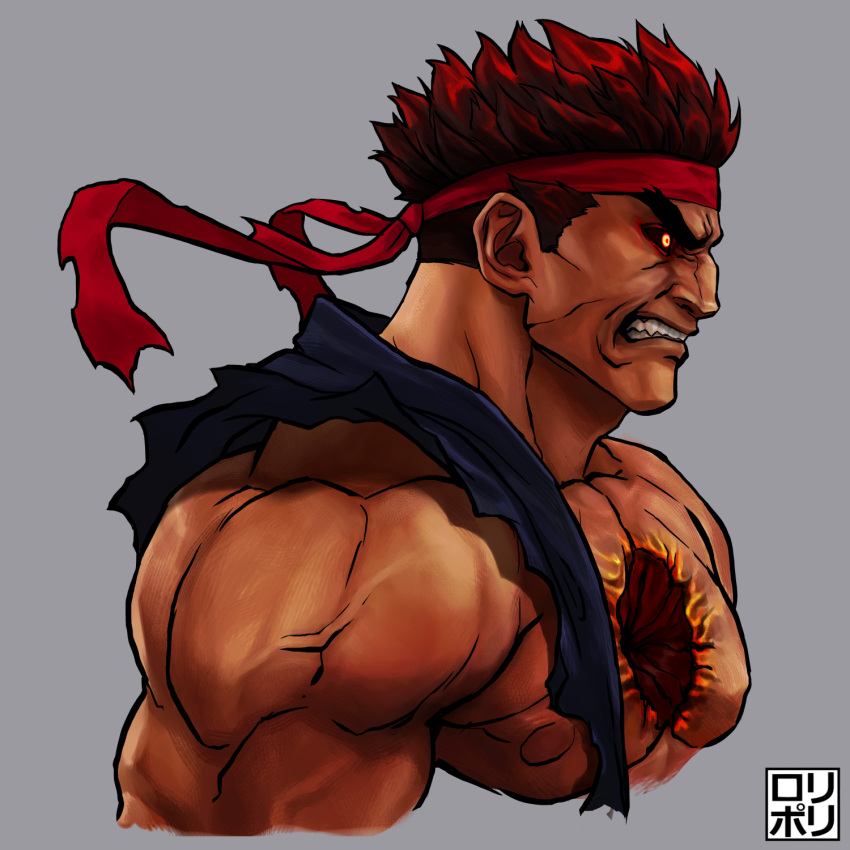 1boy angry black_hair black_sclera cheekbones colored_sclera dark-skinned_male dark_skin dougi forked_eyebrows from_side frown glowing glowing_eye headband highres jamrolypoly looking_ahead male_focus muscular muscular_male nipples pectoral_cleavage pectorals red_headband ryu_(street_fighter) short_hair solo street_fighter thick_eyebrows thick_neck