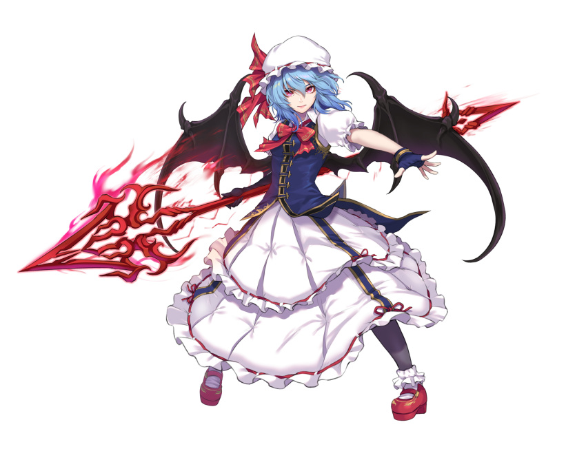1girl alternate_costume aqua_hair bat_wings black_gloves blue_gloves blue_vest bobby_socks bow bowtie closed_mouth commentary_request dress elbow_gloves embodiment_of_scarlet_devil fingerless_gloves frilled_dress frills gloves hat highres holding holding_polearm holding_weapon layered_dress lips looking_at_viewer mob_cap outstretched_arm pleated_dress polearm print_bow print_bowtie print_footwear print_ribbon print_vest puffy_short_sleeves puffy_sleeves re_(re_09) red_bow red_bowtie red_eyes red_footwear red_ribbon remilia_scarlet ribbon ribbon-trimmed_dress shoes short_hair short_sleeves simple_background socks solo spear_the_gungnir standing touhou vest weapon white_background white_dress white_headwear wings