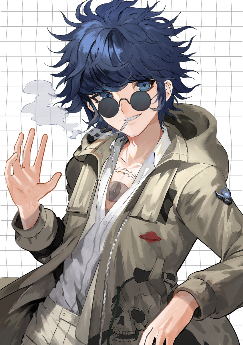 1boy absurdres blue_eyes blue_hair chest_tattoo cigarette coat collared_shirt commentary_request eye_tattoo facial_hair glasses goatee_stubble grin hand_up highres hooded_coat long_sleeves looking_at_viewer male_focus master_detective_archives:_rain_code open_mouth pants partially_unbuttoned round_eyewear shirt short_hair skull_print smile smoke smoking solo standing stubble suzumetarou tattoo tinted_eyewear white_shirt yakou_furio yellow_coat yellow_pants
