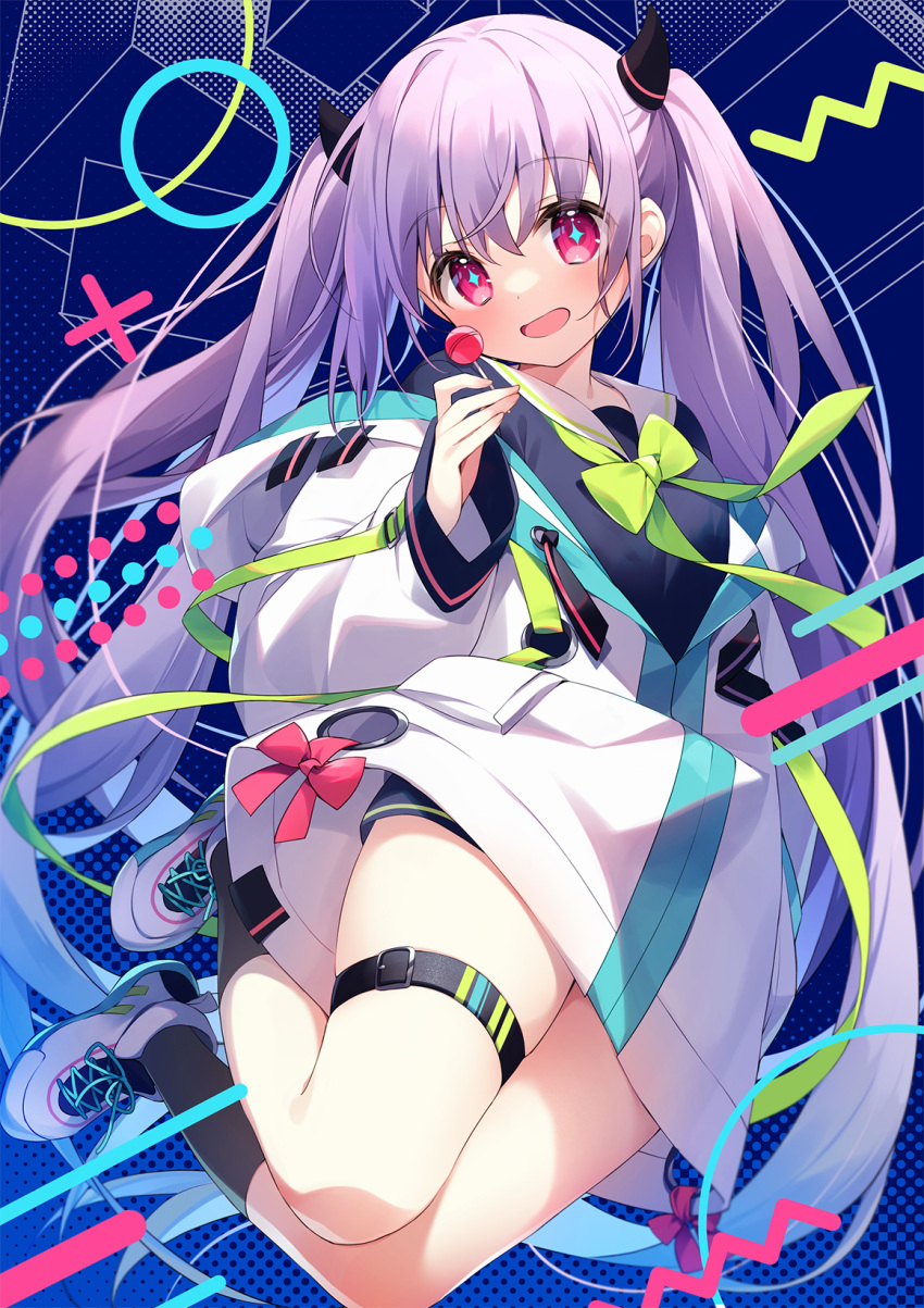1girl black_socks bow candy commentary_request food green_bow green_ribbon highres holding holding_food jacket lollipop long_hair long_sleeves looking_at_viewer open_mouth original purple_hair red_eyes ribbon shirt shoes shorts sneakers socks solo suimya thigh_strap twintails very_long_hair white_footwear