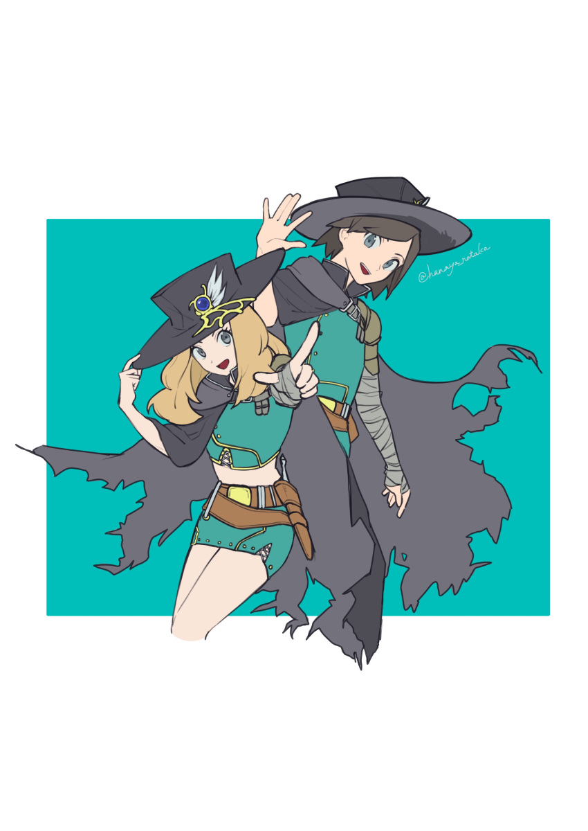 1boy 1girl :d alternate_costume arm_wrap belt belt_buckle black_headwear blonde_hair border brown_belt buckle calem_(pokemon) cape commentary_request eyelashes green_background green_skirt green_vest grey_eyes hanaya_nataka hand_on_headwear hand_up hand_wraps hat hat_ornament highres long_hair looking_at_viewer open_mouth outstretched_arm pointing pokemon pokemon_(game) pokemon_xy serena_(pokemon) sheath skirt smile torn_cape torn_clothes vest warrior_lady_of_the_wasteland white_border yu-gi-oh!
