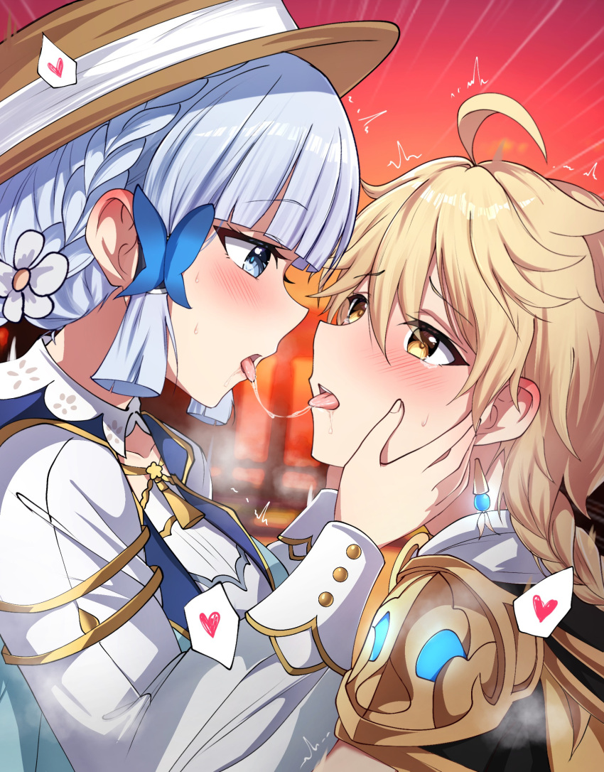 aether_(genshin_impact) ahoge blonde_hair blue_eyes blue_hair blush earrings flower genshin_impact hair_flower hair_ornament hand_on_another's_face hat hetero highres jewelry kamisato_ayaka midori_(user_nsaz3272) saliva saliva_trail tongue tongue_out yellow_eyes