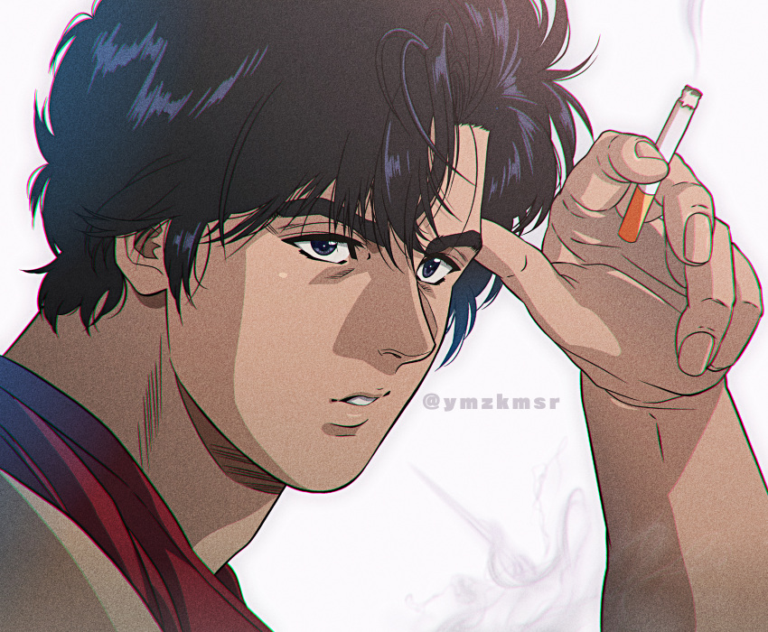 1boy absurdres between_fingers black_eyes black_hair blowing_smoke chromatic_aberration cigarette city_hunter from_side highres holding holding_cigarette looking_at_viewer male_focus parted_lips portrait red_shirt saeba_ryou shirt simple_background smoke smoking solo twitter_username white_background yuu_(masarunomori)