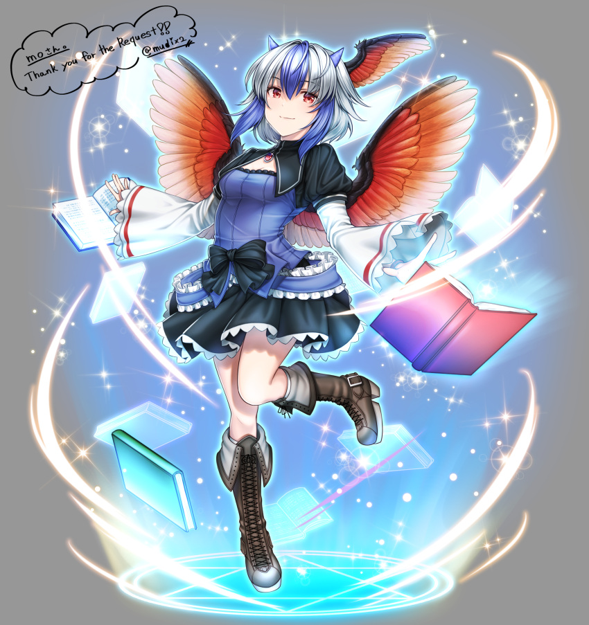 1girl absurdres bird_girl bird_wings blue_hair boots brown_footwear clothing_cutout commission frilled_skirt frilled_sleeves frills full_body grey_background head_wings highres horns jewelry knee_boots looking_at_viewer magic_circle mitama_mudimudi multicolored_hair red_eyes red_wings single_head_wing skeb_commission skirt smile solo streaked_hair tokiko_(touhou) touhou two-tone_background two-tone_hair white_hair wide_sleeves wings