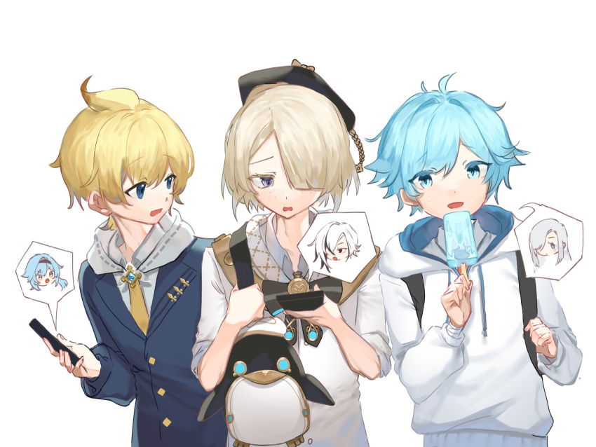 3boys 3girls ahoge alternate_costume animal_bag arlecchino_(genshin_impact) backpack bag beret black_bow black_bowtie black_hair black_hairband black_headwear blonde_hair blue_eyes blue_hair blue_jacket blunt_bangs bow bowtie buttons cellphone chongyun_(genshin_impact) collared_shirt colored_eyelashes commentary drawstring english_commentary eula_(genshin_impact) eyelashes food freckles freminet_(genshin_impact) genshin_impact hair_between_eyes hair_over_one_eye hairband hand_up hands_up hat highres holding holding_food holding_phone holding_popsicle hood hood_down hoodie jacket lapels long_sleeves looking_at_another looking_at_viewer looking_to_the_side male_focus mika_(genshin_impact) multicolored_hair multiple_boys multiple_girls necktie one_eye_covered open_mouth orenjineko14 parted_bangs pers_(genshin_impact) phone popsicle raised_eyebrows shenhe_(genshin_impact) shirt short_hair sidelocks simple_background sleeves_rolled_up smartphone speech_bubble spoken_character streaked_hair upper_body v-shaped_eyebrows violet_eyes wavy_mouth white_background white_hair white_hoodie white_shirt wing_collar yellow_necktie