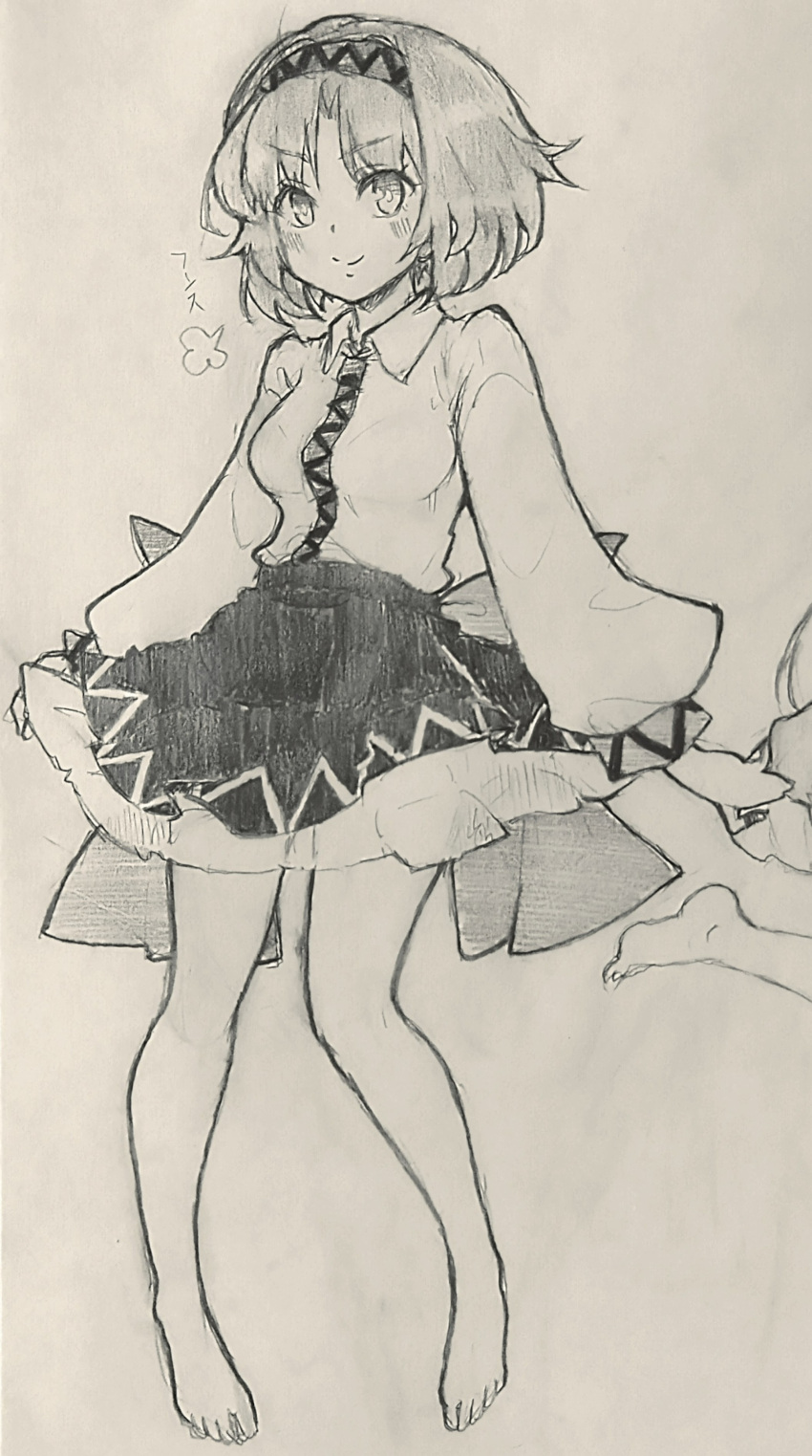 1girl absurdres barefoot carbohydrate_(asta4282) closed_mouth collared_shirt full_body greyscale hairband highres long_sleeves looking_at_viewer monochrome shirt short_hair sketch skirt smile solo_focus touhou traditional_media tsukumo_yatsuhashi
