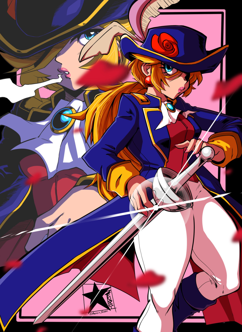 1girl absurdres america_senpai artist_logo ascot blonde_hair blue_eyes blue_headwear blue_jacket breathing brooch earrings falling_petals flower hat hat_feather hat_flower highres holding holding_sword holding_weapon jacket jewelry looking_at_viewer multiple_views official_alternate_costume open_clothes open_jacket pants petals pink_lips princess_peach princess_peach:_showtime! rapier red_flower red_rose red_vest rose rose_petals sphere_earrings super_mario_bros. sword swordfighter_peach vest weapon white_ascot white_pants