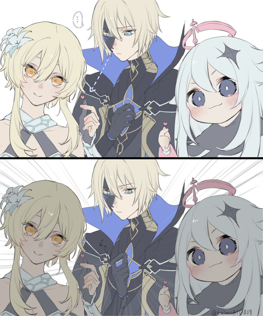 ... 1boy 2girls arm_armor arrow_(symbol) artist_name bare_shoulders black_border black_cape black_gloves black_mask black_shirt blonde_hair blue_cape blue_eyes blush border breasts cape closed_mouth collarbone crystal_hair_ornament dainsleif_(genshin_impact) dress fingerless_gloves fingernails flower genshin_impact gloves grey_gloves grey_hair grey_scarf hair_between_eyes hair_flower hair_ornament halo hand_up heart highres kaimochi0839 long_sleeves looking_at_viewer looking_down lumine_(genshin_impact) mask mechanical_halo medium_breasts multiple_girls orange_eyes paimon_(genshin_impact) scarf shirt short_hair short_hair_with_long_locks sidelocks simple_background sleeveless sleeveless_dress smile speech_bubble standing star-shaped_pupils star_(symbol) symbol-shaped_pupils two-sided_cape two-sided_fabric v-shaped_eyebrows white_background white_dress white_flower