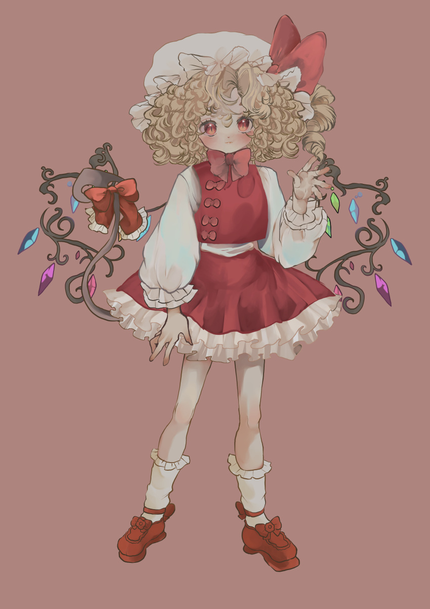 1girl absurdres adapted_costume alternate_hairstyle alternate_wings arm_up blonde_hair blush bow bowtie closed_mouth crystal curly_hair flandre_scarlet frilled_skirt frilled_sleeves frilled_socks frills full_body hat hat_bow head_tilt highres inkopiko laevatein_(tail) long_sleeves looking_at_viewer mob_cap multicolored_wings one_side_up petticoat puffy_long_sleeves puffy_sleeves red_background red_bow red_bowtie red_eyes red_footwear red_skirt red_vest ribbon shirt short_hair simple_background skirt skirt_set socks solo tail tail_ornament tail_ribbon touhou vest white_headwear white_shirt white_socks wings