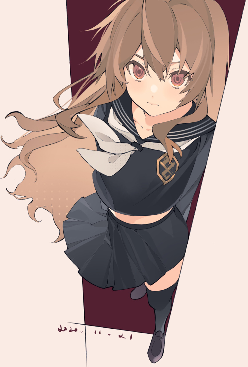 1girl 3: absurdres aisaka_taiga arms_behind_back black_sailor_collar black_serafuku black_shirt black_skirt black_thighhighs blush brown_hair closed_mouth colored_eyelashes commentary eyebrows_hidden_by_hair floating_clothes floating_hair foreshortening from_above frown full_body hair_between_eyes halftone highres loafers long_hair long_sleeves looking_at_viewer miniskirt neckerchief pleated_skirt red_background red_eyes sailor_collar school_uniform serafuku shirt shoes sidelocks simple_background skirt solo standing symbol-only_commentary thigh-highs toradora! tuzaixia two-tone_background very_long_hair white_background white_neckerchief zettai_ryouiki