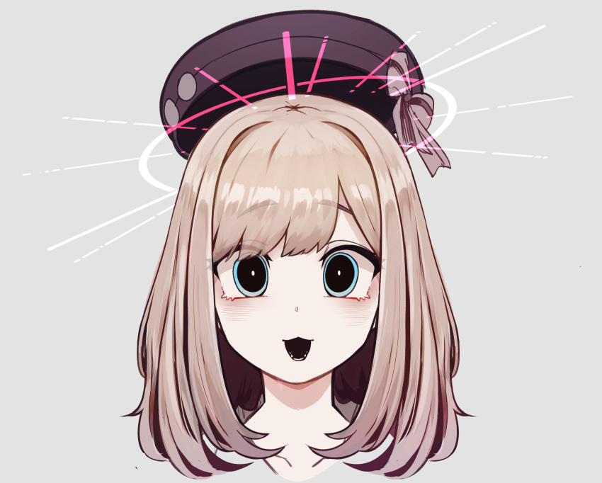 1girl :3 beret black_eyes black_mouth blue_eyes blush bow bright_pupils brown_hair collarbone commentary_request cropped_shoulders empty_eyes floating_hat grey_background hair_intakes halo hat hat_bow hatyuuruinohito highres looking_at_viewer lower_teeth_only medium_hair multicolored_eyes nijisanji open_mouth raised_eyebrows simple_background solo straight-on suzuhara_lulu suzuhara_lulu_(1st_costume) teeth virtual_youtuber white_pupils wide-eyed