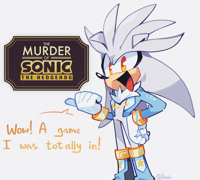 1boy absurdres alternate_costume alternate_universe animal_ears animal_nose blue_jacket boots commentary copyright_name english_commentary english_text furry furry_male gloves highres jacket logo looking_at_viewer male_focus olivashko open_mouth pointing signature silver_the_hedgehog simple_background smile solo sonic_(series) standing the_murder_of_sonic_the_hedgehog white_background white_gloves yellow_eyes