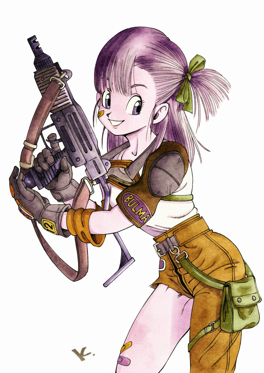 1girl armor bandaid bandaid_on_cheek bandaid_on_face bow brown_gloves brown_pants bulma colored_skin dragon_ball gloves goggles goggles_around_neck green_bag green_bow gun hair_bow highres holding holding_gun holding_weapon kakeru_(dbskakeru) looking_at_viewer pants pauldrons purple_hair purple_skin shirt shoulder_armor side_ponytail simple_background solo toriyama_akira_(style) violet_eyes weapon weapon_request white_shirt