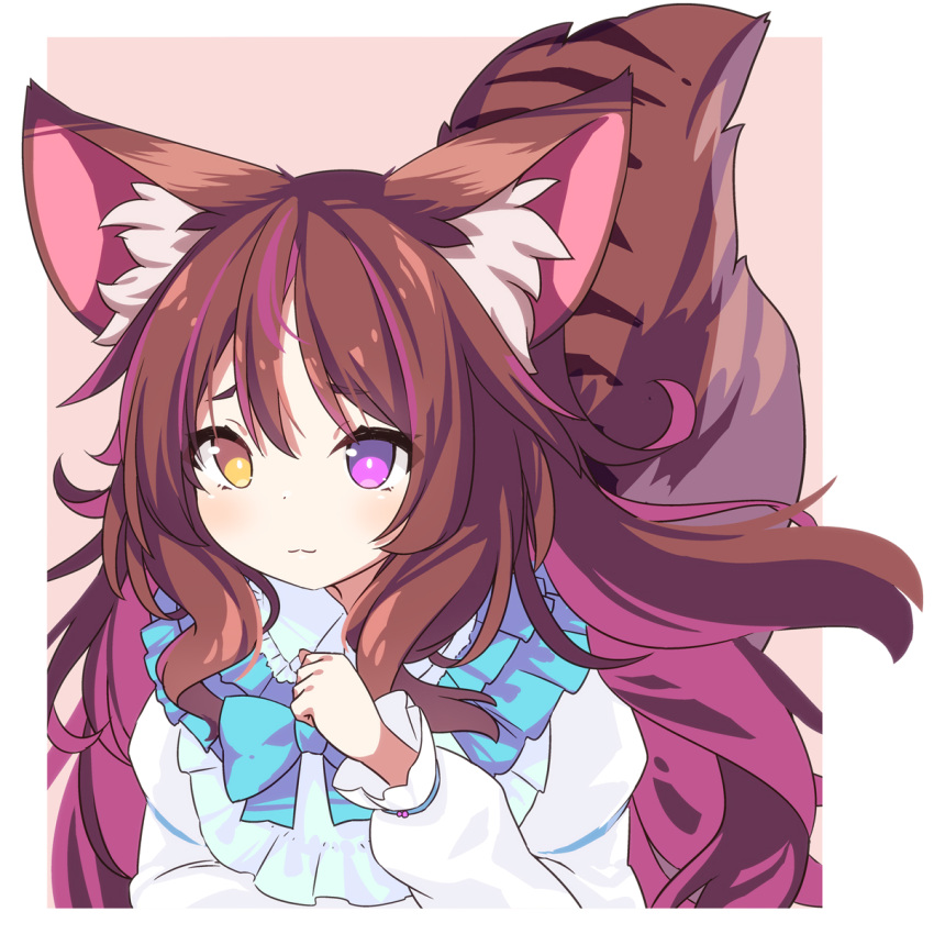 1girl animal_ear_fluff animal_ears blue_bow bow brown_background brown_hair commission daidai_ookami hand_up heterochromia highres long_hair long_sleeves multicolored_hair original pink_hair puffy_long_sleeves puffy_sleeves shirt skeb_commission solo streaked_hair striped_tail tail two-tone_background upper_body very_long_hair violet_eyes white_background white_shirt yellow_eyes