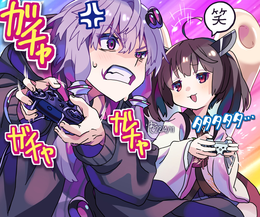 +++ 2girls :3 absurdres ahoge anger_vein armored_core_grip black_hoodie blade blue_skirt blush brown_hair clenched_teeth commentary_request controller dated dualshock faco furrowed_brow game_controller gamepad grimace hair_ornament headgear highres holding holding_controller holding_game_controller hood hood_down hoodie japanese_clothes kimono kiritanpo_(food) laughing long_sleeves looking_at_another looking_to_the_side motion_lines multiple_girls obi open_clothes open_hoodie oversized_food oversized_object playing_games playstation_controller pleated_skirt purple_hair rainbow_background red_eyes reverse_grip sash short_hair_with_long_locks signature skirt smug speech_bubble sweat teasing teeth touhoku_kiritan translation_request twintails uneven_eyes violet_eyes vocaloid voiceroid watermark white_kimono wide_sleeves yuzuki_yukari