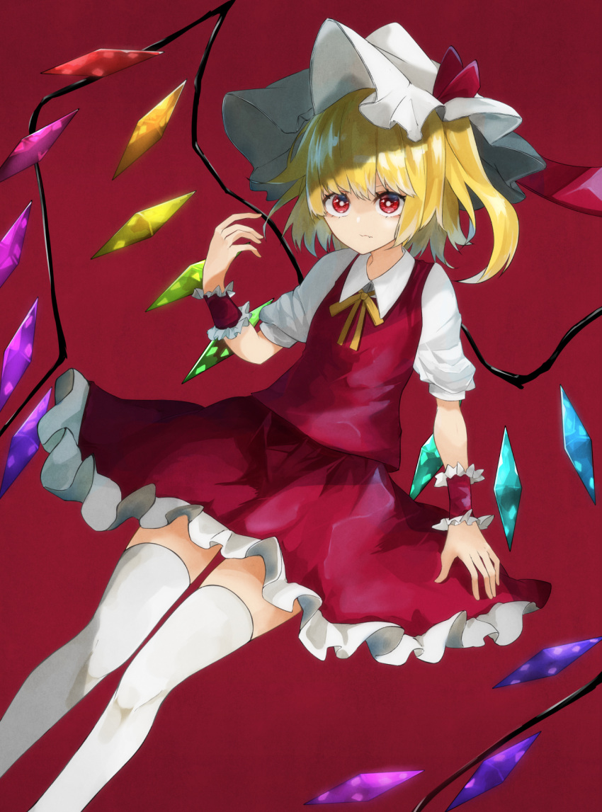 1girl blonde_hair breasts closed_mouth collared_shirt crystal feet_out_of_frame flandre_scarlet frilled_skirt frills hat highres looking_at_viewer medium_hair mob_cap multicolored_wings neck_ribbon one_side_up psyren2 puffy_short_sleeves puffy_sleeves red_background red_eyes red_skirt red_vest ribbon shirt short_sleeves simple_background skirt skirt_set small_breasts solo thigh-highs touhou vest white_headwear white_shirt white_thighhighs wings wrist_cuffs yellow_ribbon zettai_ryouiki