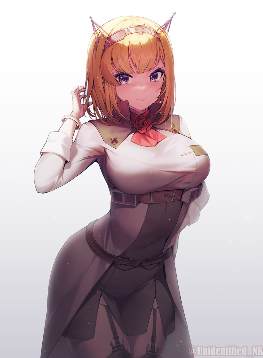 1girl ascot belt black_belt black_thighhighs blonde_hair blue_eyes breasts cowboy_shot flower gradient_background headgear highres kantai_collection large_breasts long_sleeves military_uniform red_ascot red_flower red_rose rodney_(kancolle) rose shirt short_hair skirt smile solo thigh-highs unidentified_nk uniform white_background