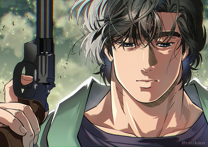 1boy absurdres brown_hair chromatic_aberration city_hunter closed_mouth collarbone commentary_request finger_on_trigger fingernails green_jacket grey_sky gun handgun highres holding holding_gun holding_weapon jacket looking_down male_focus outdoors revolver saeba_ryou short_hair sky solo twitter_username upper_body weapon yuu_(masarunomori)