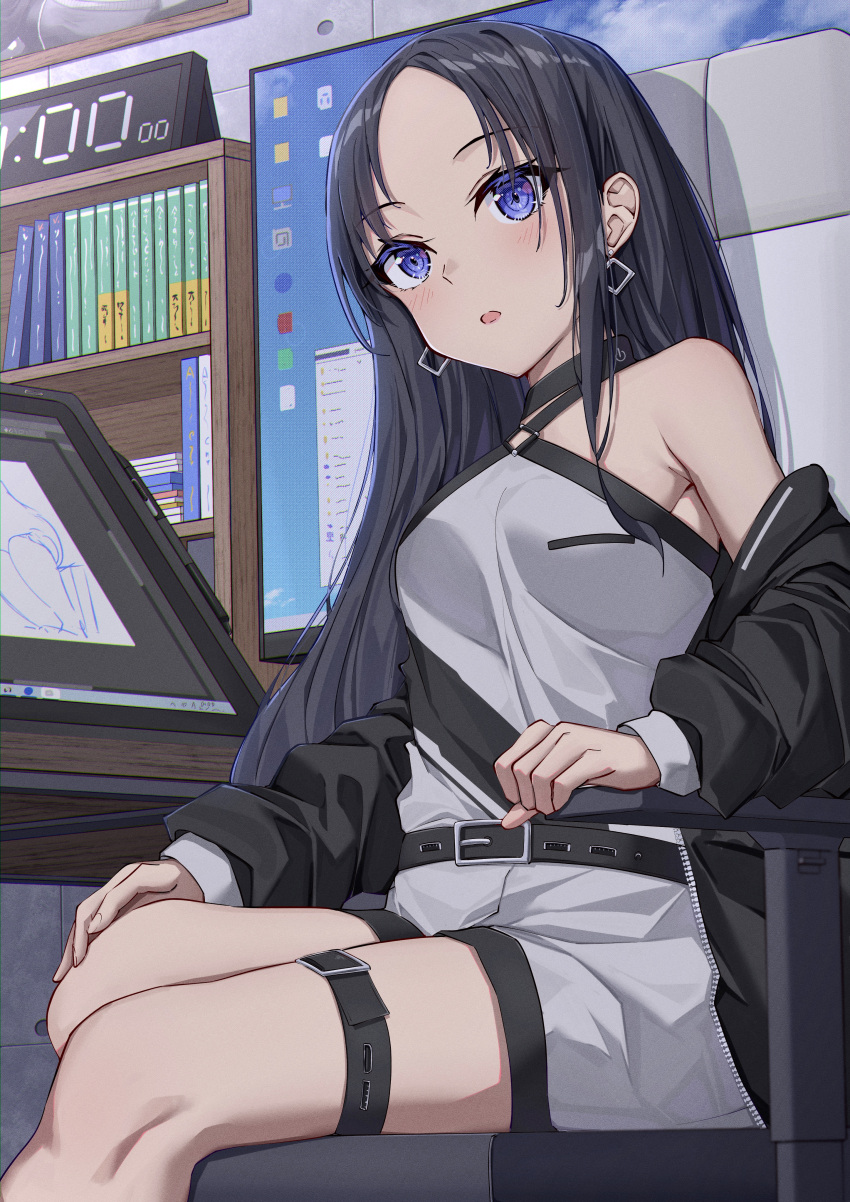 1girl absurdres belt black_hair blue_eyes double-parted_bangs earrings highres indoors jacket jewelry off_shoulder open_clothes open_jacket original sitting toukan