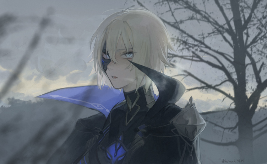 1boy armor artist_name black_cape black_mask black_shirt blonde_hair blue_cape blue_eyes blurry branch cape clouds cloudy_sky dainsleif_(genshin_impact) genshin_impact hair_between_eyes highres kaimochi0839 long_sleeves looking_at_viewer male_focus mask open_mouth outdoors shirt short_hair shoulder_armor sky solo standing star-shaped_pupils star_(symbol) steam symbol-shaped_pupils teeth tongue tree two-sided_cape two-sided_fabric yellow_sky