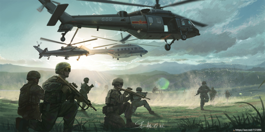 6+boys aircraft changhe_z-10 changhe_z-8 clouds cloudy_sky combat_helmet dust goggles grass ground_effect harbin_z-20 helicopter helmet highres lens_flare load_bearing_vest military military_vehicle mountainous_horizon multiple_boys norinco_cq_m311 original people's_liberation_army people's_liberation_army_ground_force plate_carrier red_star shouhui_lang_qun signature sky star_(symbol)
