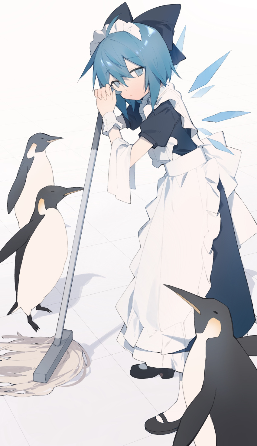 1girl absurdres alternate_costume animal apron bird black_bow black_dress black_footwear blue_eyes blue_hair bow cirno detached_wings dress enmaided fairy hair_between_eyes hair_bow highres holding holding_mop ice ice_wings maid maid_apron maid_headdress mop parted_lips penguin shoes short_hair short_sleeves solo touhou white_apron wings zhesheng_canxiang